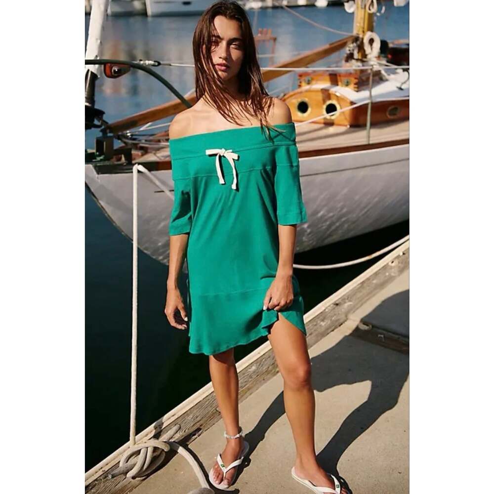 Free People FP Beach Gemma Mini Dress XS Green Off Shoulder Cotton Shift Bow